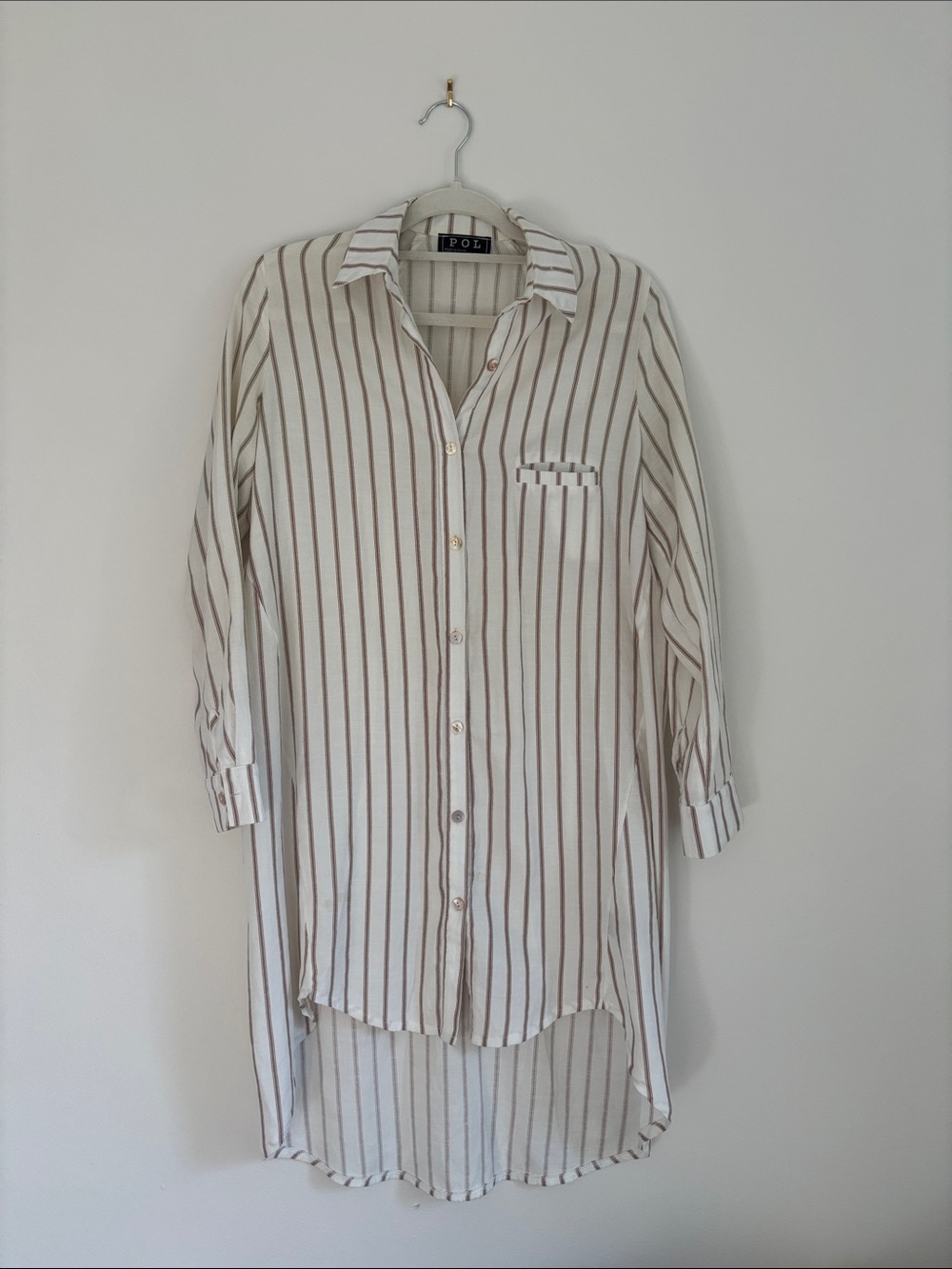 POL Cream and Brown Striped Longline Button-Down Shirt Dress